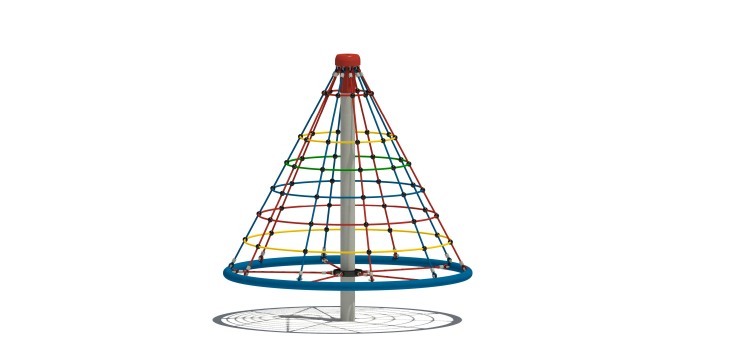 Geplante drehbare Kletternetzpyramide mit farbigen Seilen